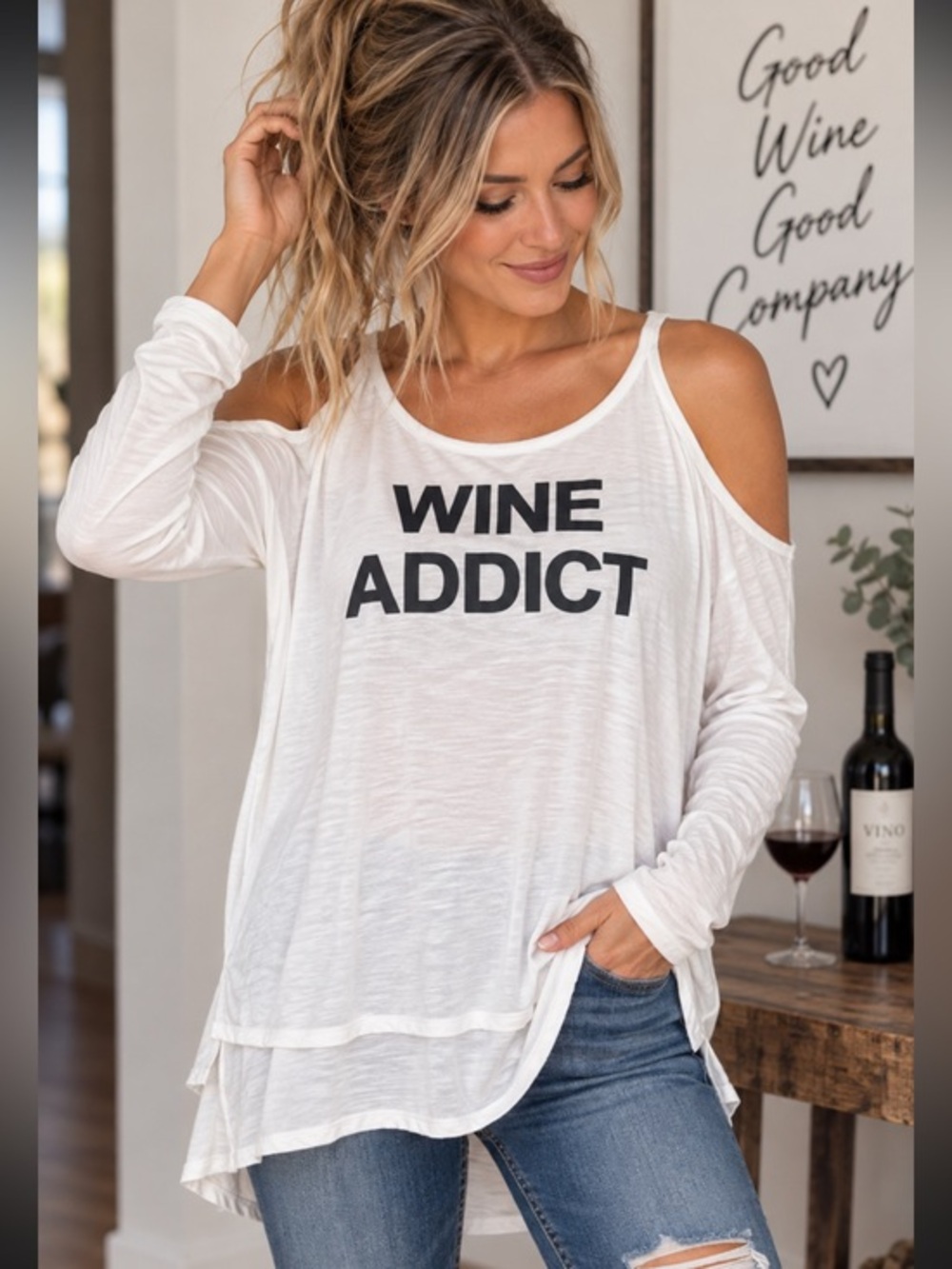 PPLA Wine Addict White Cold Shoulder Long Sleeve Tunic Top Size Small